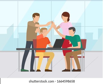 People working together vector, collaboration of workers. Man and woman giving high-five, completion of task, successful teamwork, team in office