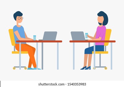 People working together vector, office workers doing tasks, man and woman drinking water from glasses, workplace flat style, business project development