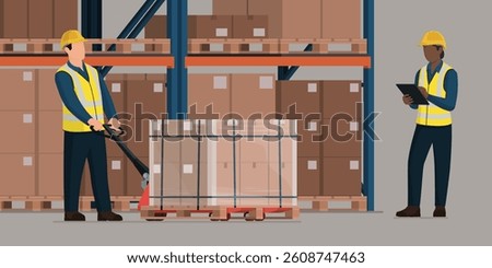 People working together in a warehouse, they are moving boxes and checking orders, logistics and transportation concept