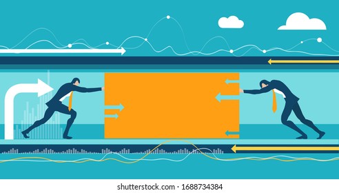 People working  trying to push a cork out of end of a tube or a tunnel in order to get out. Working against each other. 