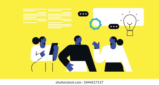 People working using computer. Vector illustration of website design, development, programming, SEO. Digital chat bot, robot application, conversation