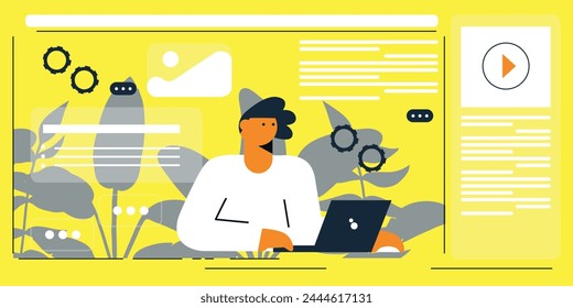 People working using computer. Vector illustration of website design, development, programming, SEO. Digital chat bot, robot application, conversation