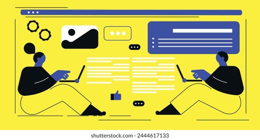 People working using computer. Vector illustration of website design, development, programming, SEO. Digital chat bot, robot application, conversation