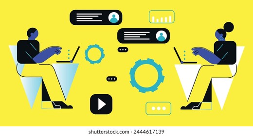 People working using computer. Vector illustration of website design, development, programming, SEO. Digital chat bot, robot application, conversation
