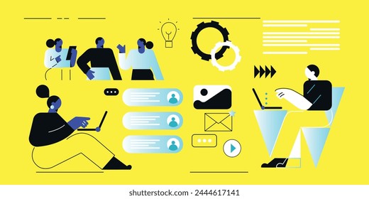 People working using computer. Vector illustration of website design, development, programming, SEO. Digital chat bot, robot application, conversation