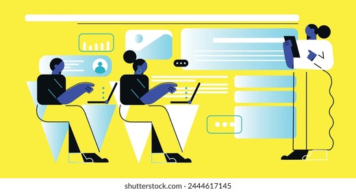 People working using computer. Vector illustration of website design, development, programming, SEO. Digital chat bot, robot application, conversation