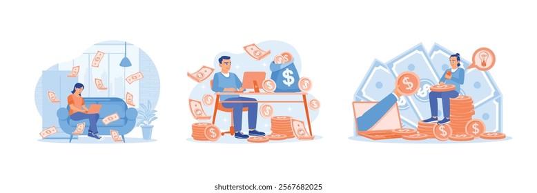 People working using laptop from home. Make money from the internet. Freelancers work online. Earn money concept. Set flat vector illustration.