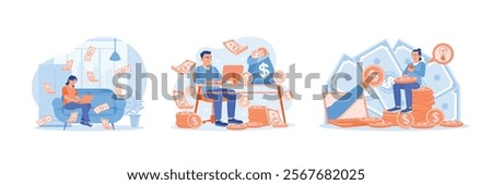 People working using laptop from home. Make money from the internet. Freelancers work online. Earn money concept. Set flat vector illustration.