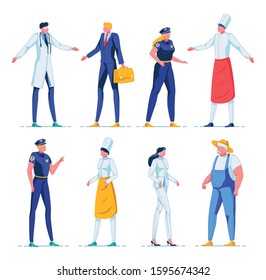 People Working in Various Professions Flat Cartoon Vector Illustration. Doctor in Uniform, Businessman Holding Suitcase, Male and Female Pollice Officers, Chef, Farmer Wearing Hat.