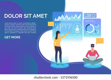 People working in virtual interface and sample text. Future, VR, cyberspace concept. Presentation slide template. Vector illustration can be used for topics like business, technology, virtual reality