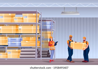Gente trabajando en un almacén. Trabajadores de entrega en el panorama de diseño interior del hangar de almacenamiento. Hombres portadores de caja, mujer conductora de ilustración de vector logístico. Mercancías almacenadas en paquetes.