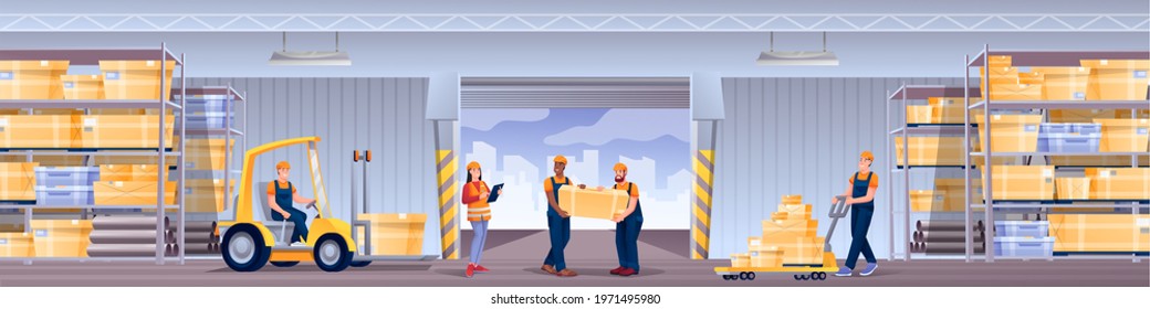 People working in warehouse. Delivery workers in storage hangar interior design panorama. Men operating forklift, carrying box vector illustration. Goods in stockroom in packages.