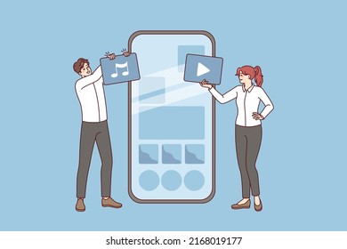 People working with widget on cellphone helping with application installation. Smartphone app and programs operation. Flat vector illustration. 
