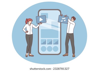 People working with widget on cellphone helping with application installation. Smartphone app and programs operation. Flat vector illustration.
