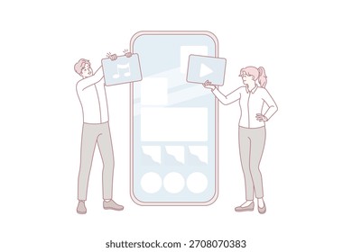 People working with widget on cellphone helping with application installation. Smartphone app and programs operation. Flat vector illustration.