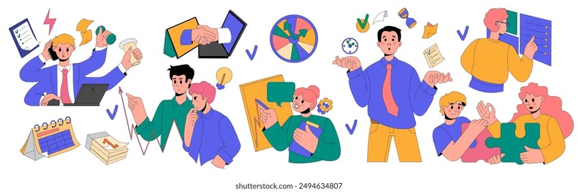 People working, work team in office. Business research, report study. Process creative, project teamwork, develop analytics, time clock calendar, schedule infographic. Vector cartoon flat style set