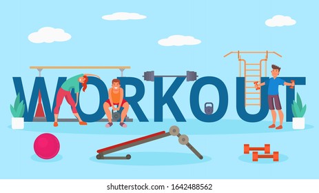 People at workout gym body training vector illustration. Workout lettering. Happy smiling young athletes man woman girl doing physical exercises, squats, tilts. Ball, fitness equipment.