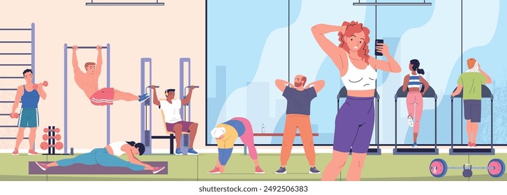 People workout in gym interior. Man woman athletes fitness training sport club room, flexibility exercise with weights dumbbell or treadmill apparatus, classy vector illustration authors graphics