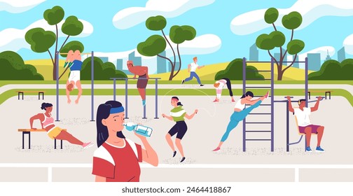 People workout street park. Outdoor wellness exercises in nature gym outside, athlete training fitness physical activity sportsman athletic exercise, classy vector illustration of park training