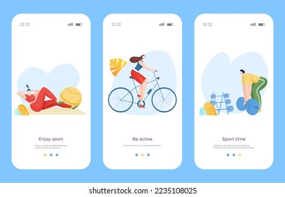 People workout training card set web application website banner, template landing webpage mobile app flat vector illustration, marketing page.
