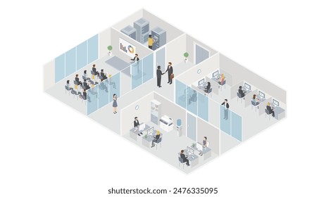 People workplace in office isometric design. Company employees man and woman team work together in comfortable modern cabinet. Business center floor interior inside with furniture. Vector illustration