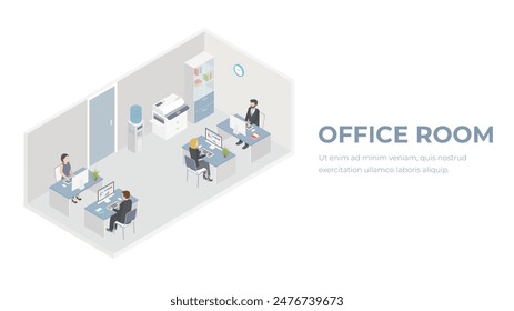 People workplace in office isometric design. Company employees man and woman team work together in comfortable modern cabinet. Business center floor interior inside with furniture. Vector illustration