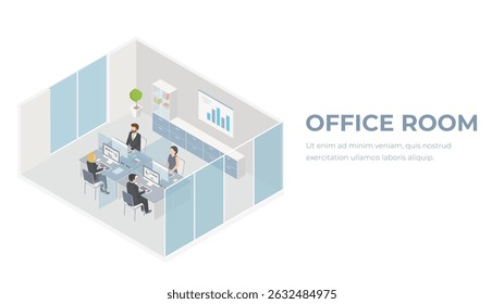People workplace in office isometric design. Company employees man and woman team work together in comfortable modern cabinet. Business center floor interior inside with furniture. Vector illustration