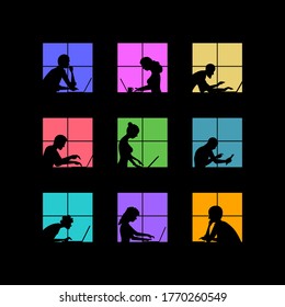People works with laptop late at night. Vector concept illustration.