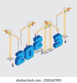 People works as a to prepare to welcome the new year 2023 3d isometric vector illustration concept for banner, website, landing page, ads, flyer template