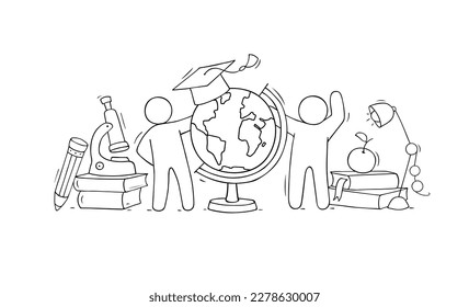 People with world globe map, books, lamp, microscope. Concept of travel, study geography or ecology care. Vector hand drawn illustration of doodle men, books and planet Earth globe
