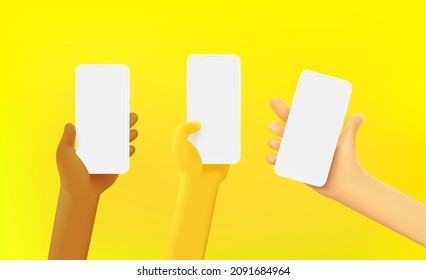 People of the world holding modern smart phones up in the air. Vector mockup