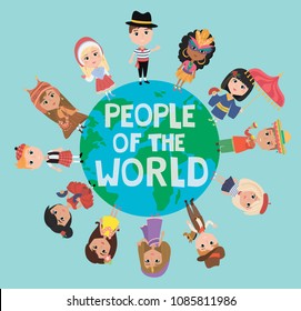 People of the world poster. Characters in different national costumes, nationalities of the world poster. Editable vector illustration