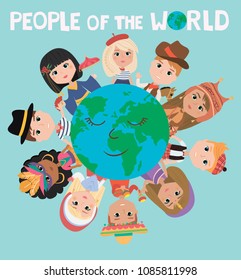 People of the world poster. Characters in different national costumes, nationalities of the world poster. Editable vector illustration