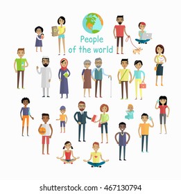 People Of The World Vector Concept In Flat Design. Collection Of Peoples Illustrations Of All Ages And Human Races In National Clothes, Different Poses And Variety Professions. Isolated On White. 