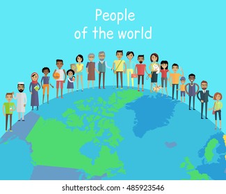 People Of The World Vector Concept In Flat Design On The Abstract Globe. Couples With Children. Peoples Of All Ages And Human Races In National Clothes, Different Poses And Variety Professions