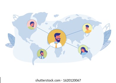 People Worldwide Communication, Distance Work and Education, International Cooperation and Business, Social Network Community Flat Vector Concept. Connected People Avatars on World Map Illustration