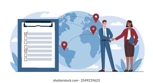 People with worldwide transportation. Man and woman shake hands against backdrop of planet with GPS markers. Distribution, logistics and shipping. Import and export. Flat vector illustration