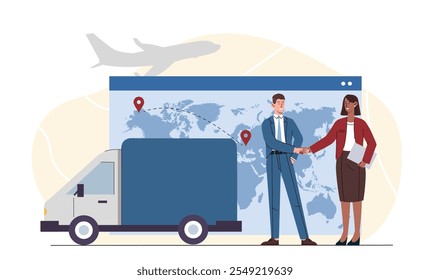 People with worldwide transportation. Man and woman shake hands near map with GPS markers. Distribution, logistics and shipping. Import and export. Flat vector illustration