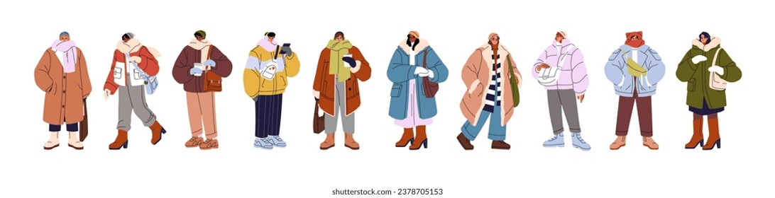 Die Leute wickeln Winterkleidung ein. Personen mit warmem Outfit bei kaltem Wetter im Freien: Hut, Schal, Furchenmantel, Fäustlinge. Wintertime Mode. Flache einzelne Vektorgrafik auf weißem Hintergrund