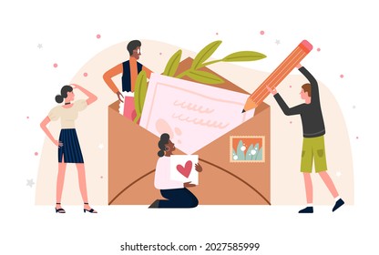 People write letter message, put in paper envelope vector illustration. Cartoon tiny man woman character standing near big retro envelope with postage stamp, writing letter in pencil isolated on white