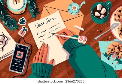 People write paper letter to Santa Claus. Hands with cute pen, xmas decor, mail envelope on table top view. Note with wishes, presents for the New Year. Christmas time. Flat vector illustration