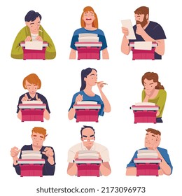 People Writer Character at Typewriter Writing Book Engaged in Creative Literary Work Vector Set