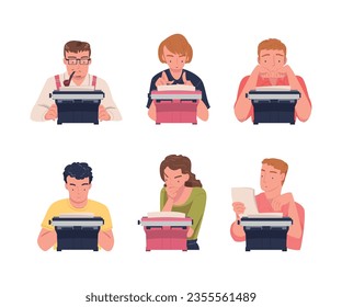 People Writer Character at Typewriter Writing Book Engaged in Creative Literary Work Vector Set