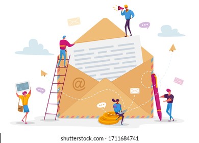 People Writing E-mail Letter Concept. Tiny Male Female Characters with Pen and Postage Stamp Put Paper with Text into Huge Envelope. Electronic Mail Communication. Cartoon People Vector Illustration