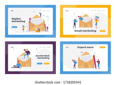 People Writing E-mail Letter, Electronic Mail Communication. Landing Page Template Set. Tiny Male Female Characters with Pen and Postage Stamp Put Paper to Huge Envelope. Cartoon Vector Illustration