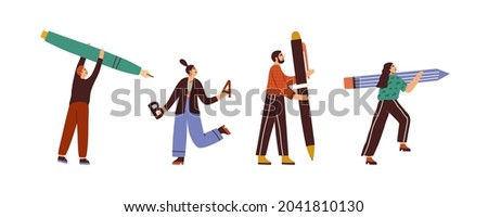 People writing, hold pencils and pens in hands. Set of writers, journalists, editors, copywriters, creators drawing, handwriting and creating sth. Flat vector illustration isolated on white background