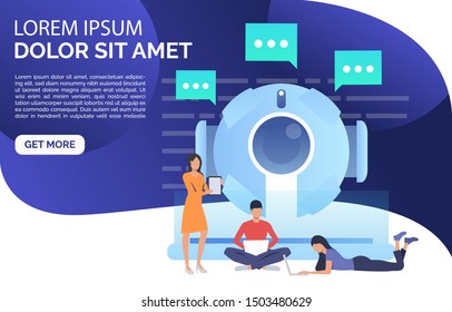 People writing to isometric AI robot landing page. Artificial intelligence, support, cyborg. Chatbot concept. Vector illustration for website, landing page, online store
