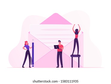 People Writing Letter and E-mail Concept. Tiny Male and Female Characters with Pencil and Laptop Stand at Huge Envelope, Woman Put Paper with Handwritten Text inside. Cartoon Flat Vector Illustration