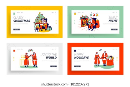 Gente escribiendo cartas a Santa, el Sr. y la Sra. Claus Pareja Landing Page Set. Personajes con ganas de regalos para Navidad, familia Senior de Navidad Claus con regalos y cookies. Ilustración de vectores lineales