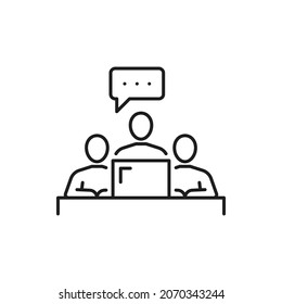 People writing message on computer isolated thin line icon. Vector chat or online support, content editors typewriters. Copywriters or writers typing text online, distance education and examination